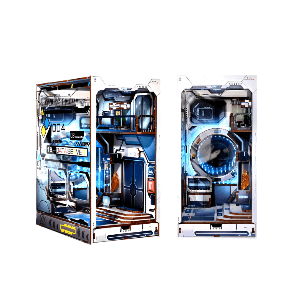 Sci-fi book nook kit that builds a lit space station scene to slot between books on a shelf for futuristic decor