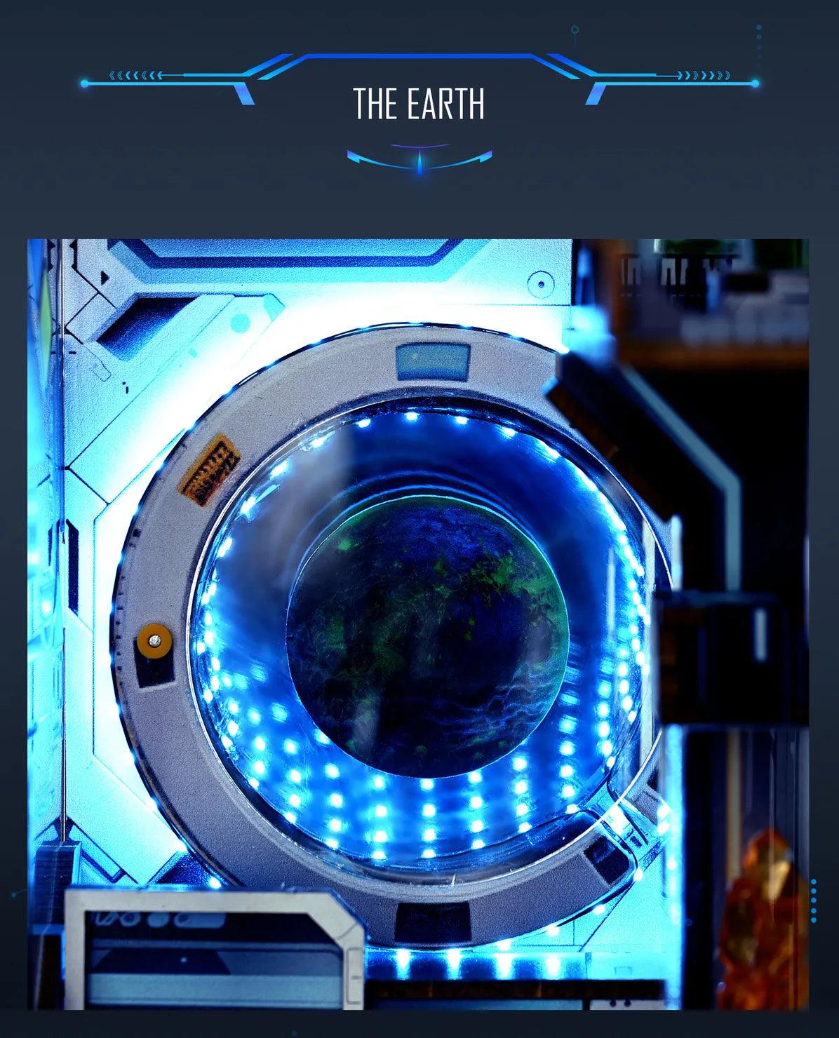 Blue Earth view glowing inside an LED tunnel portal, a lit space station book nook centerpiece for sci-fi fans