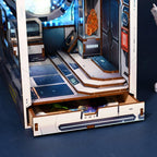 Space book nook with a hidden drawer and a glowing crystal detail, a lit desk gift for science fiction fans