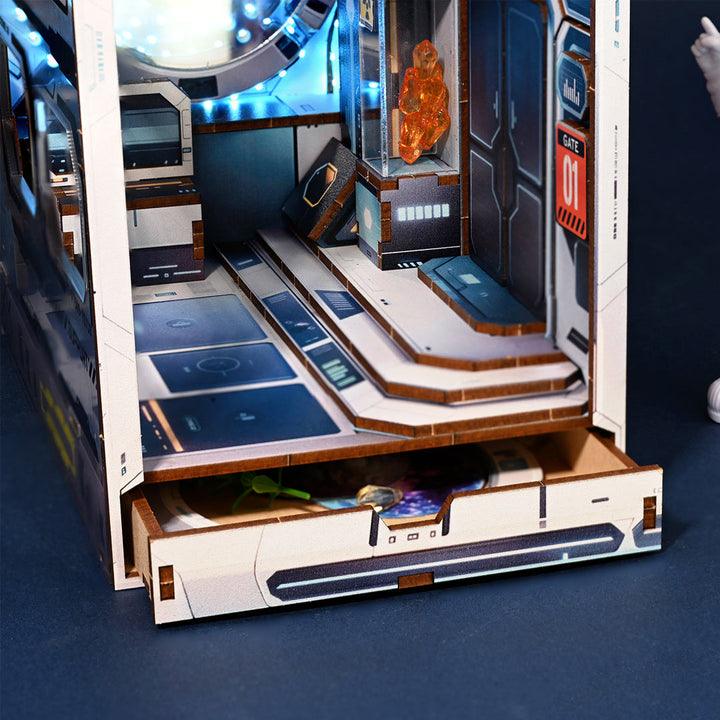 Space book nook with a hidden drawer and a glowing crystal detail, a lit desk gift for science fiction fans