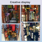 Warm LED book nook alley glowing with antique shop signs and street lamps as bookshelf decor for readers