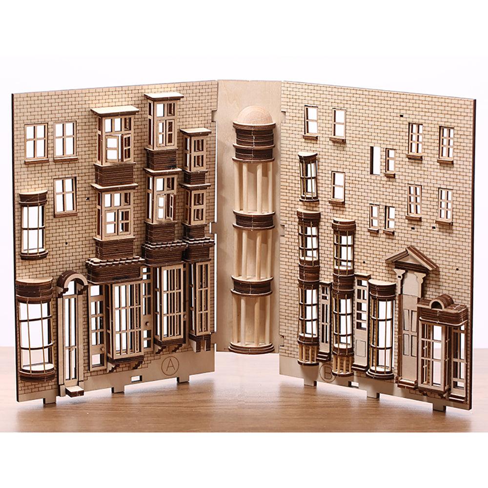 Laser-cut wooden facade panels for a miniature street alley book nook, a hands-on model craft kit for adults