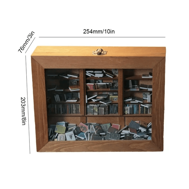 Wooden mini bookshelf about 10 inches wide sized for a desk or shelf, a glass front stress relief decor with tiny books