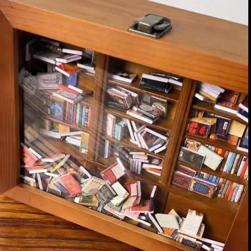 Shake to reset bookshelf where the little books tumble loose for a hands on fidget and daily anxiety relief habit