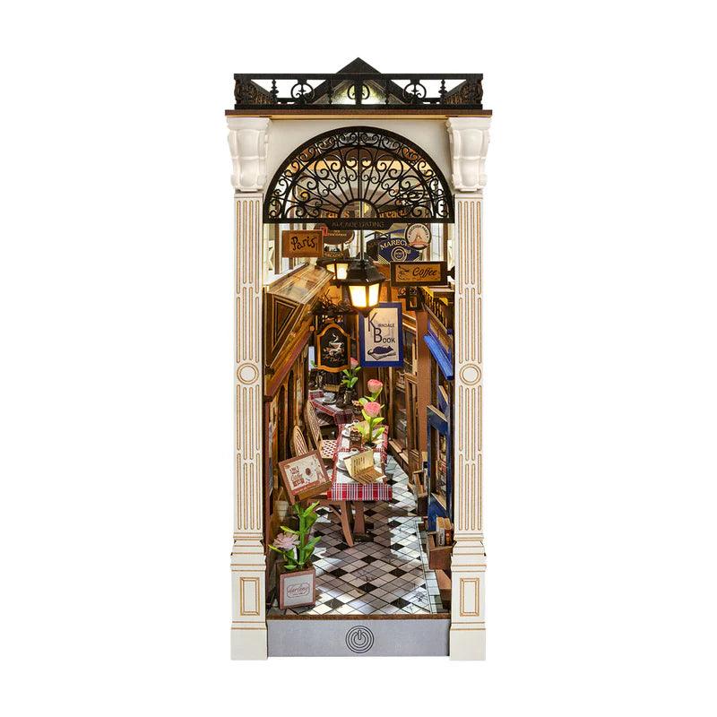 Arcade Dating DIY book nook kit building a lit miniature Paris cafe and bookshop alley from 148 no glue pieces