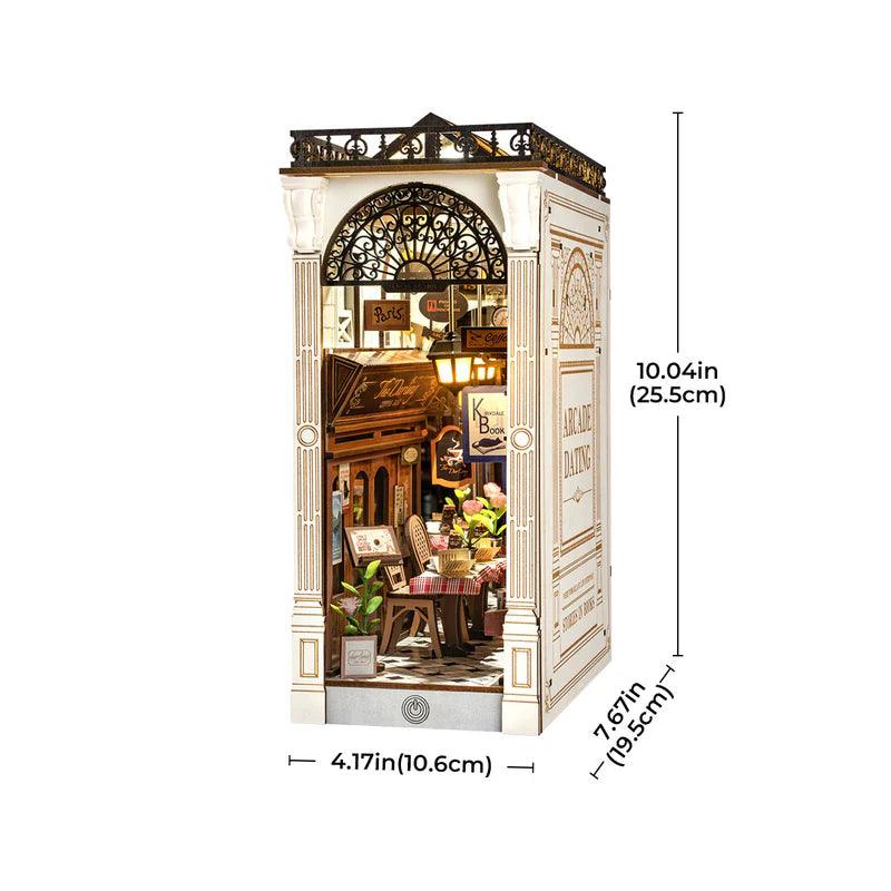 Miniature cafe book nook about 10 inches tall and 4 inches wide, a slim bookshelf insert sized for standard shelves