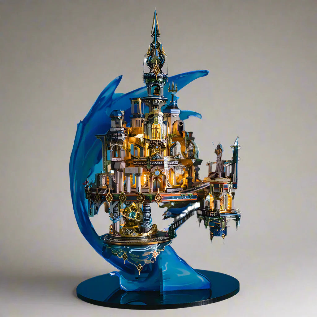 Atlantis Legends 3D metal puzzle kit built into a golden lost city sculpture on a blue wave base, a display model for adults