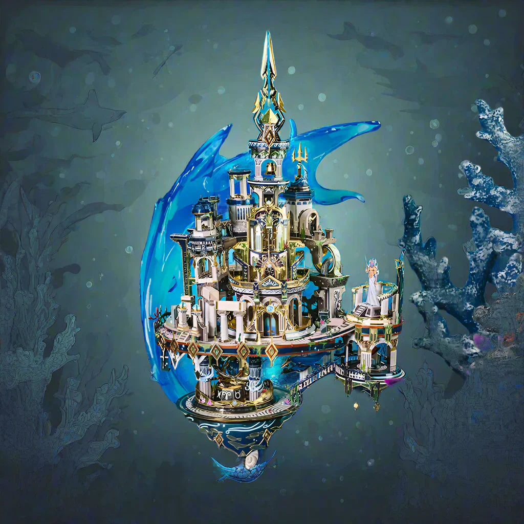 Assembled Atlantis metal model kit styled as a sunken city among coral and fish, a fantasy sculpture for shelf and desk decor