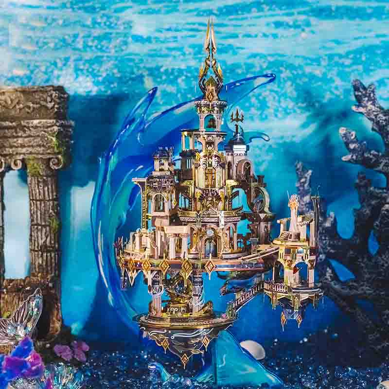 Atlantis lost city metal build set in an underwater scene with ancient ruins, a 280 piece fantasy model kit for hobbyists