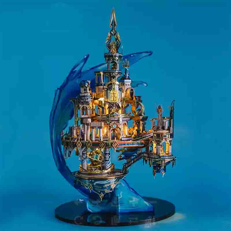 Illuminated Atlantis metal puzzle model glowing from within, a gold brass fantasy city sculpture and collector display gift