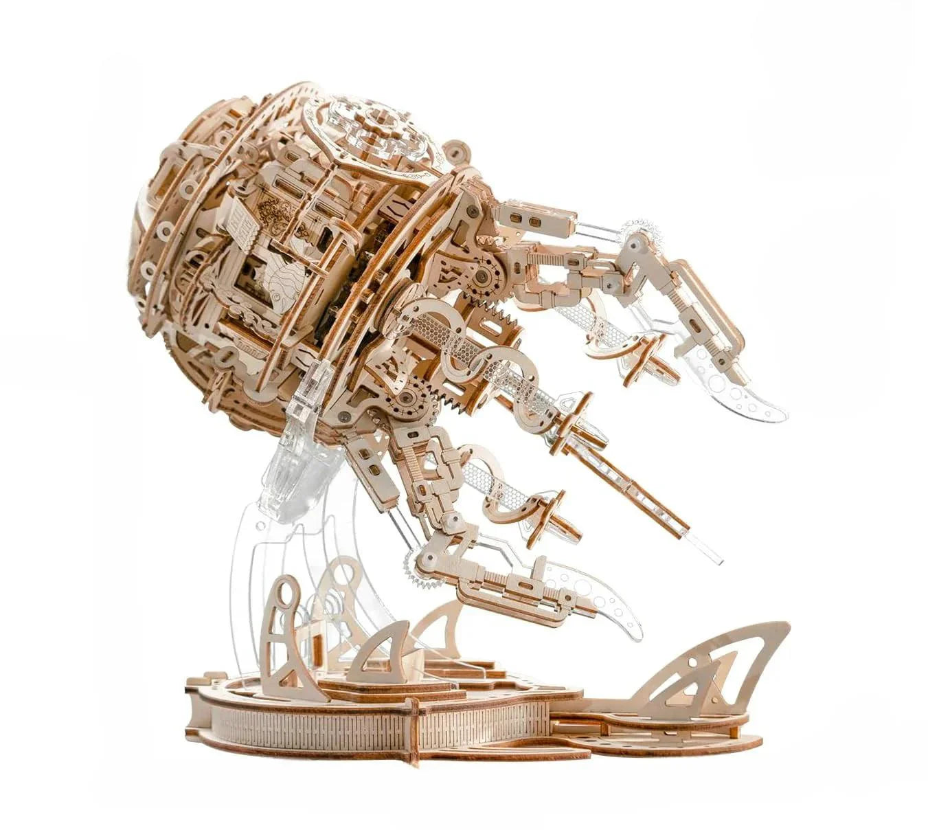 Jellyfish music box 3D wooden puzzle glowing with soft LED aurora light, a finished decor centerpiece for adults