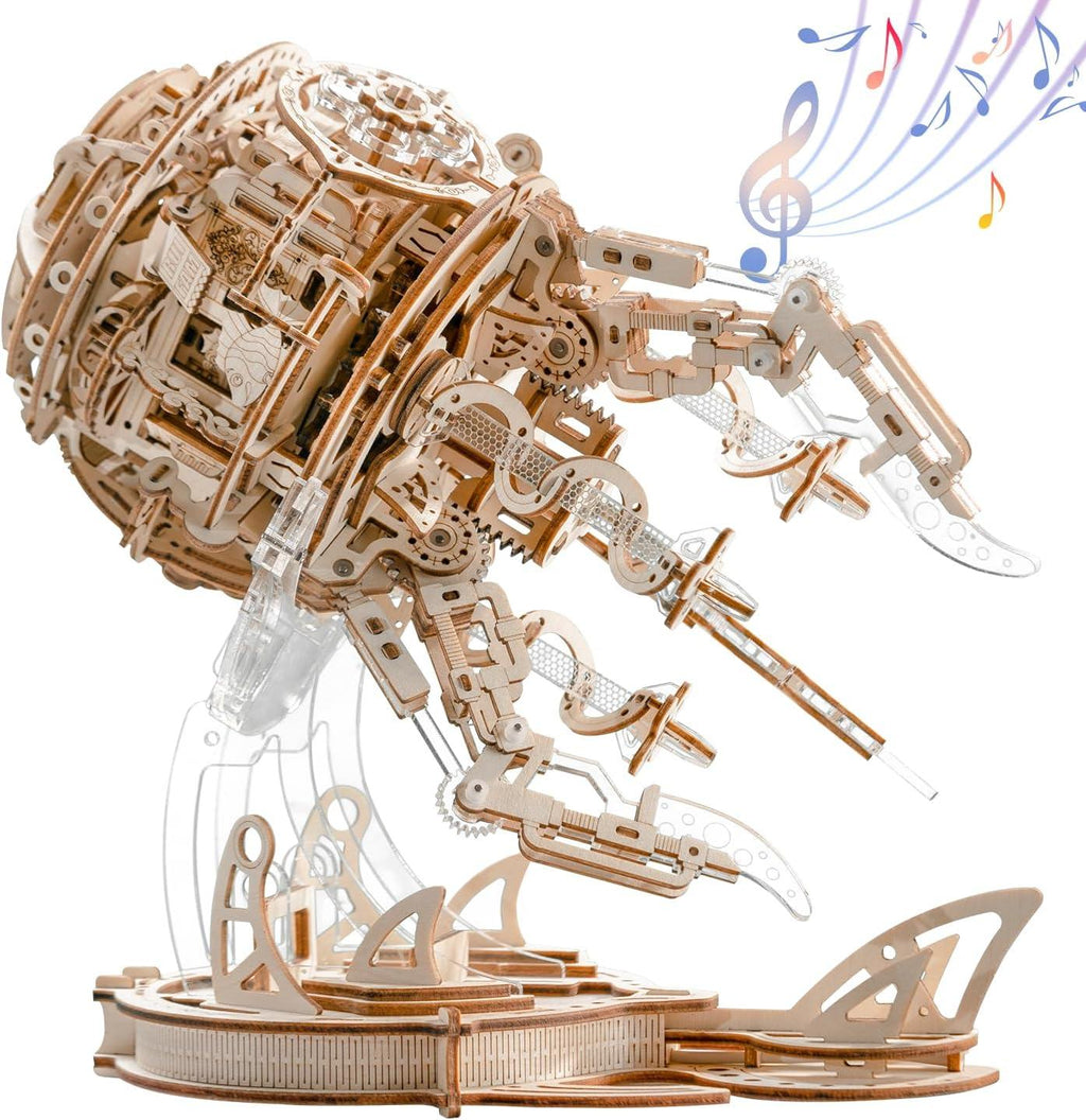 355 piece laser-cut plywood puzzle kit, a glue-free wooden jellyfish model build for adult hobbyists and crafters