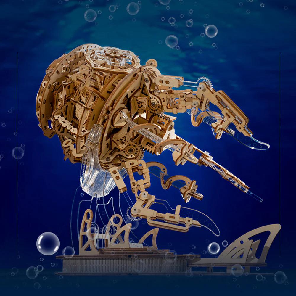 Wind-up music box jellyfish that plays a gentle melody, an illuminated wooden puzzle for desk and shelf decor