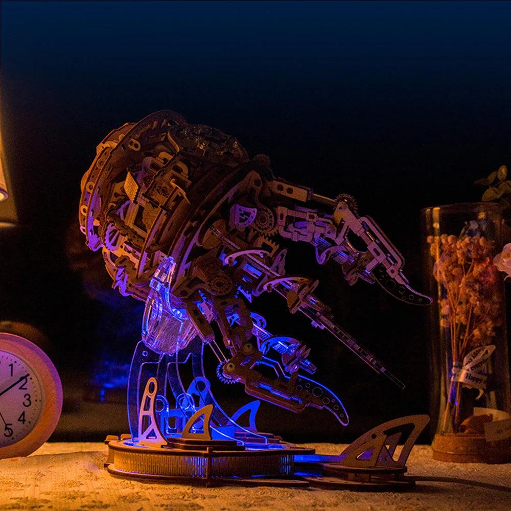 Illuminated jellyfish wooden puzzle with LED aurora lighting, a kinetic light-up display for home decor lovers