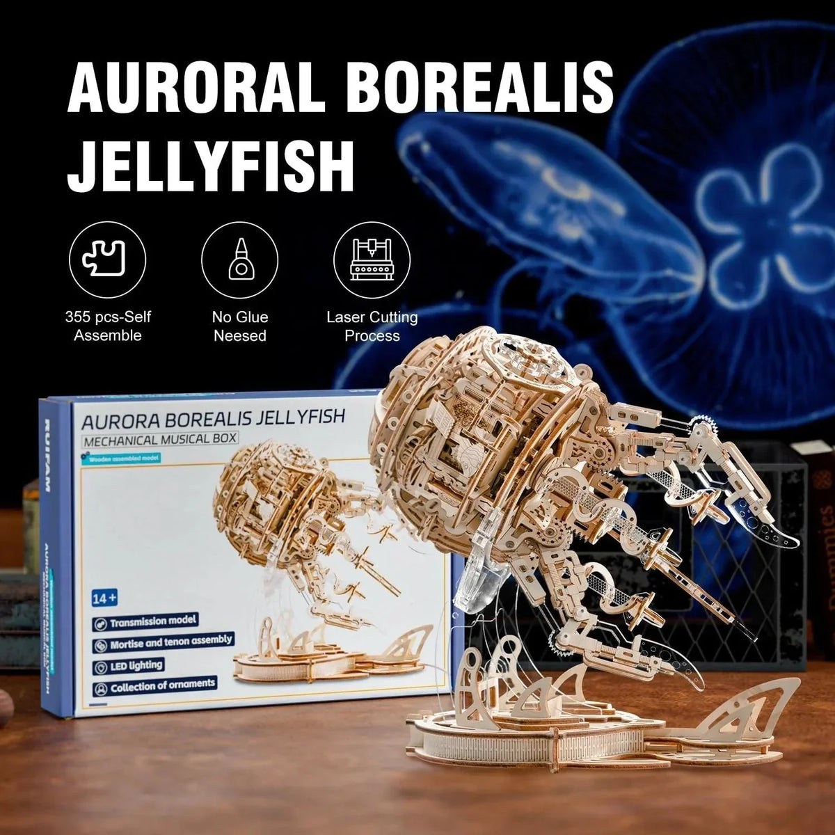 Laser-cut jellyfish music box model for puzzle fans and music box collectors, a glowing wooden decor keepsake
