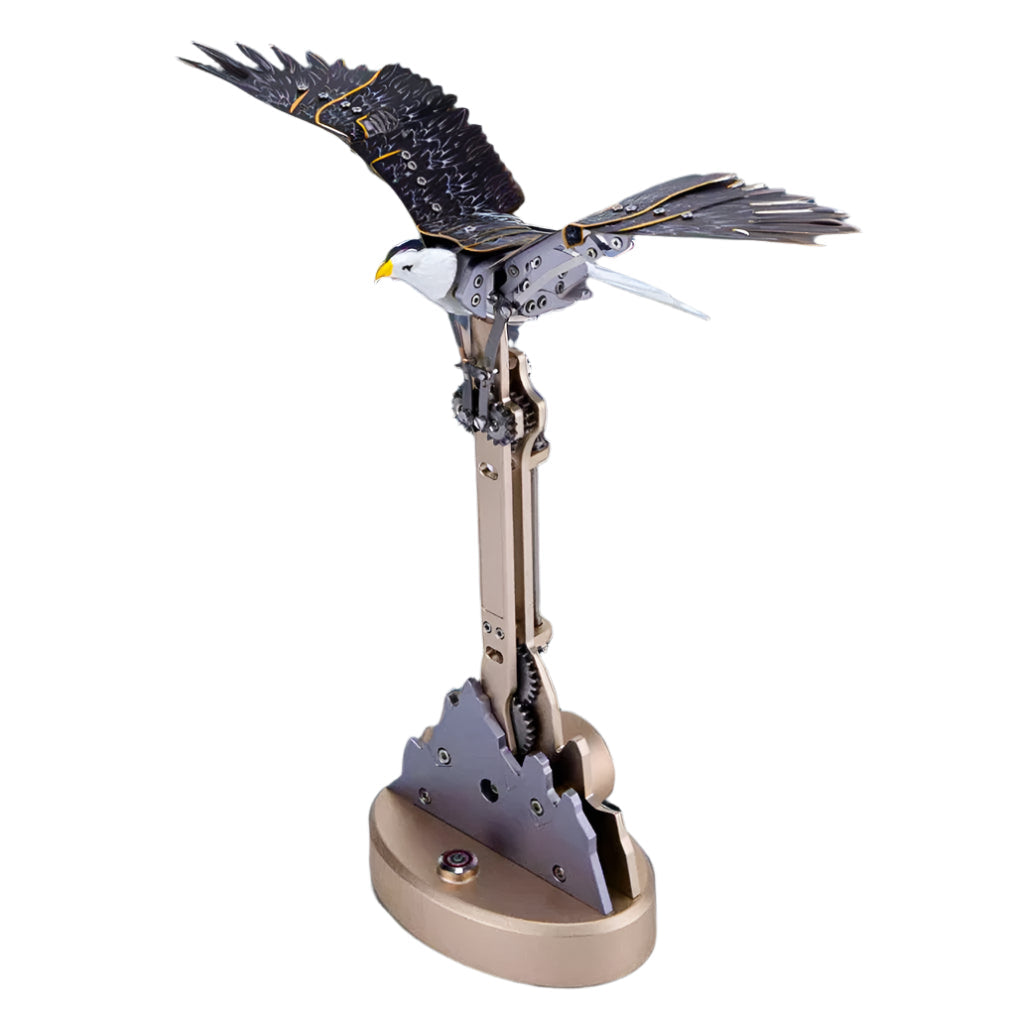 American bald eagle 3D metal model kit with motorized flapping wings, a kinetic desk sculpture for patriotic decor