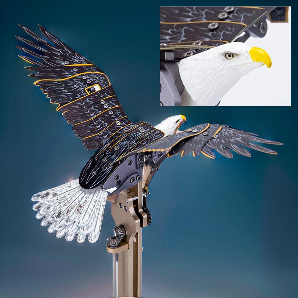 Bald eagle metal model kit with 240 plus aluminum alloy pieces that build a kinetic sculpture for adult hobbyists