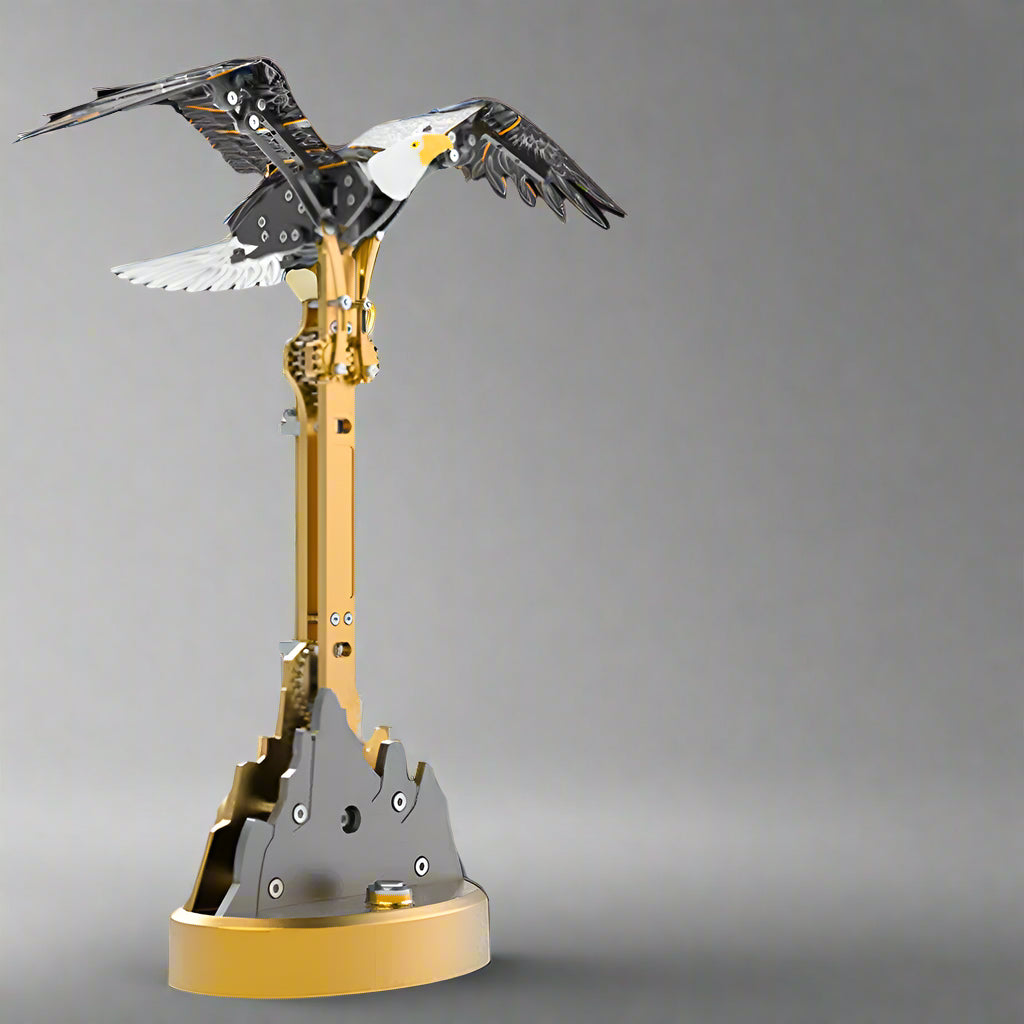 Kinetic metal eagle sculpture with flapping wings for desk, mantel and office shelf display in any patriotic space