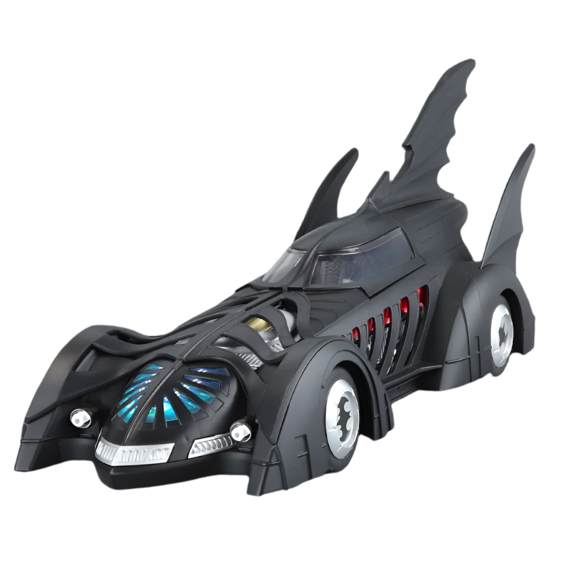 Batman movie car diecast model with metal body and light up front for a desk or shelf centerpiece in any collection 2008 Black and 1995 1 Tail versions.