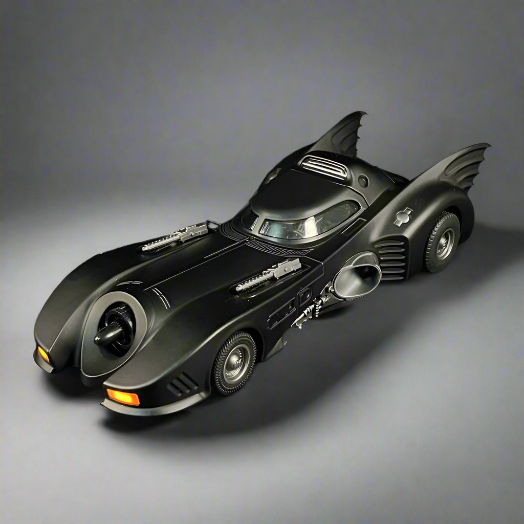 Dark Knight Batmobile diecast collectible with detailed cockpit and glowing headlights for fans of iconic film cars 1995 2 Tail version.