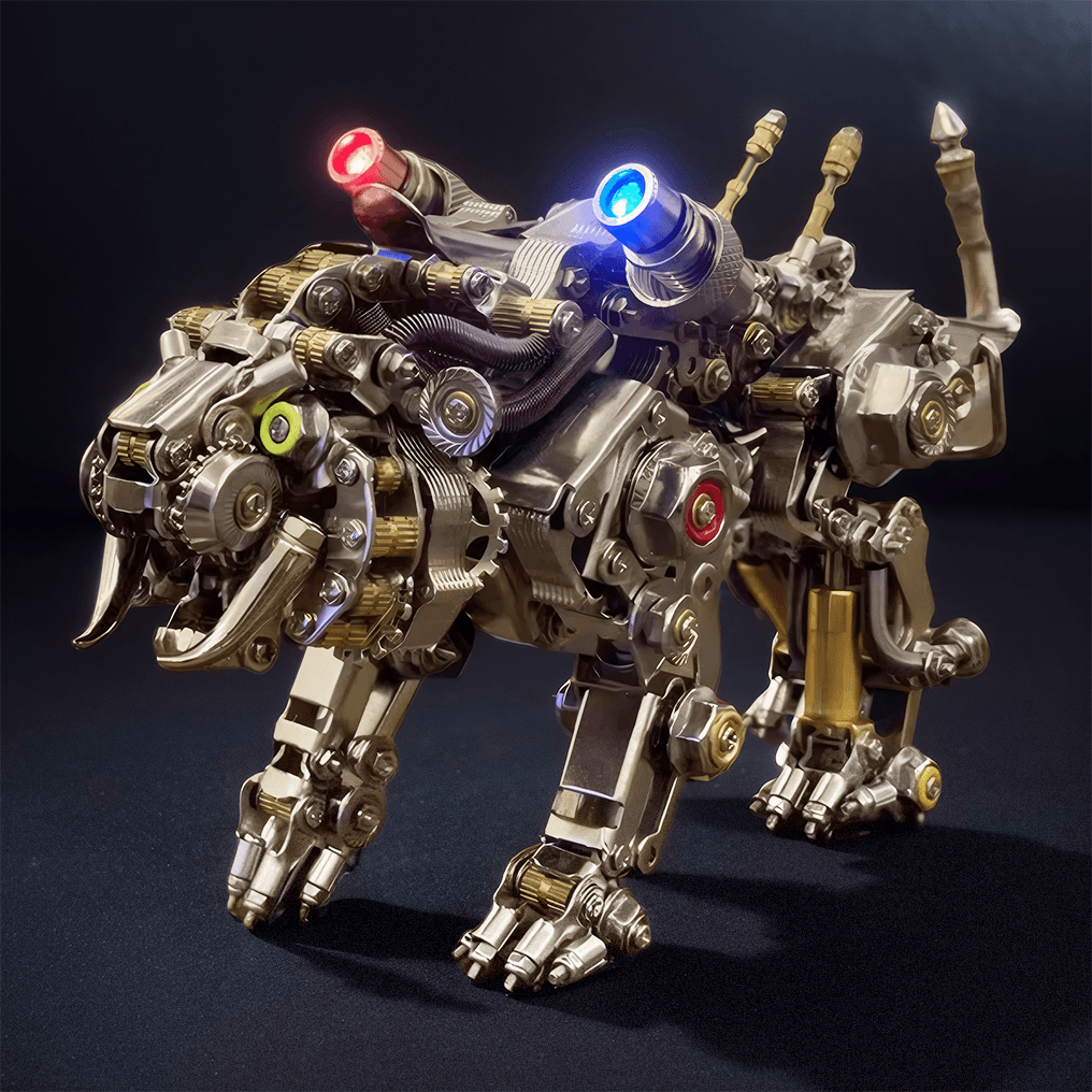 Mechanical Bengal tiger with glowing red and blue LED eyes, a stainless steel model kit for desk decor and gifting Original Version