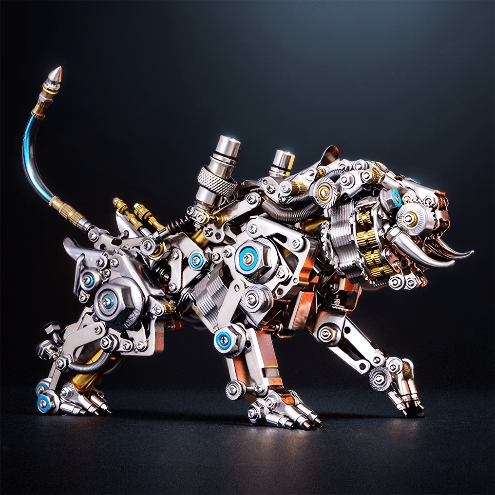 Blue accented metal tiger sculpture with 700 laser-cut steel parts, a mechanical model kit and collectible for adults Colorful Version