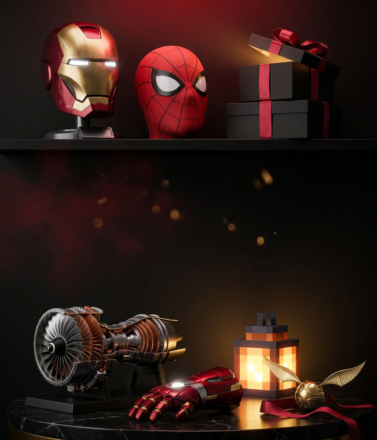 Black Friday gifts: wearable armored helmet, moving eye mask, gift boxes, turbofan engine model, LED gauntlet and pixel lantern