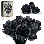 Black rose bouquet building block kit with LED lights and iridescent petals, a floral centerpiece that never wilts, in 3 rose and 12 rose sets