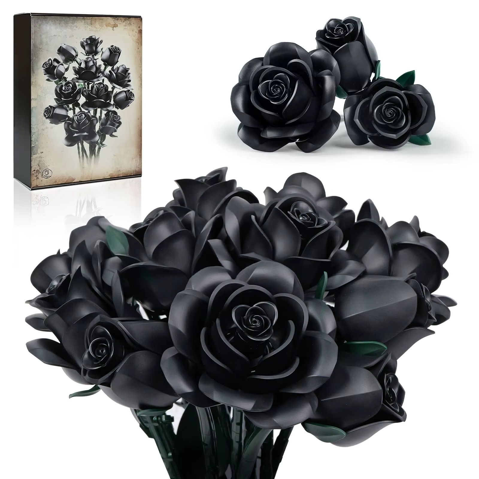 Black rose bouquet building block kit with LED lights and iridescent petals, a floral centerpiece that never wilts, in 3 rose and 12 rose sets