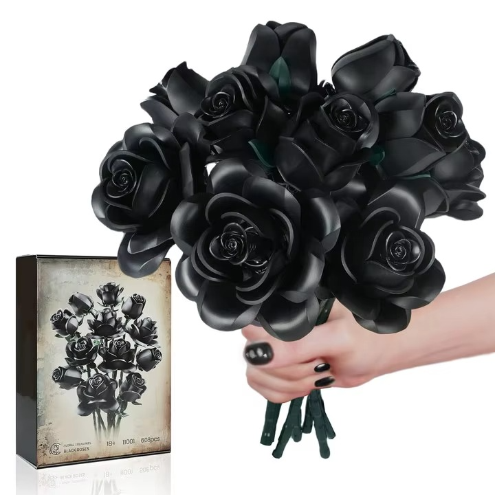 Artificial black roses built from bricks with color-shifting petals, a lasting home decor bouquet gift, 3 rose and 12 rose sizes