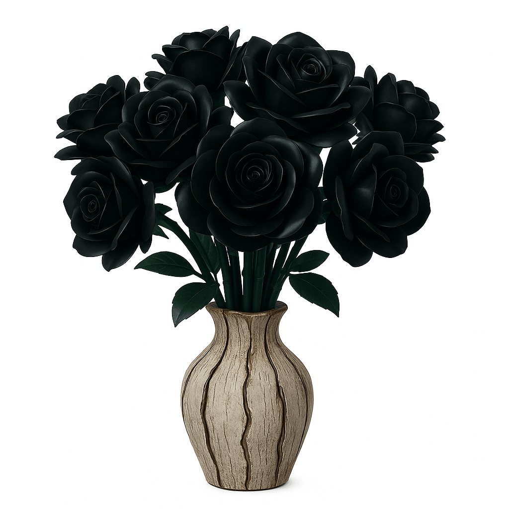 Phantom black roses building kit with LED lighting, a no-water faux flower display for desk and shelf, 3 rose and 12 rose sizes