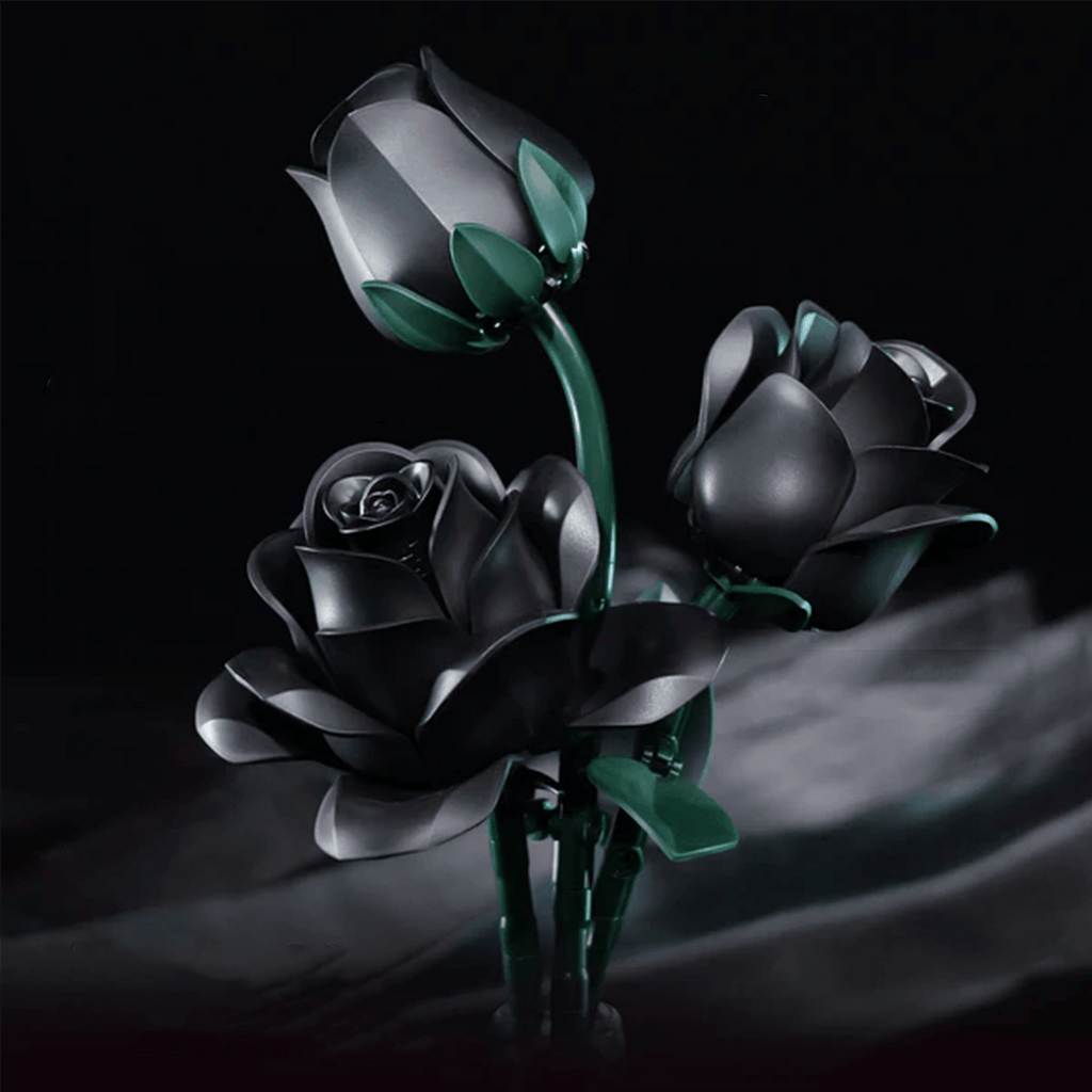 Black rose brick bouquet with iridescent rainbow sheen, a romantic Valentine gift that never needs water, in 3 rose and 12 rose sets