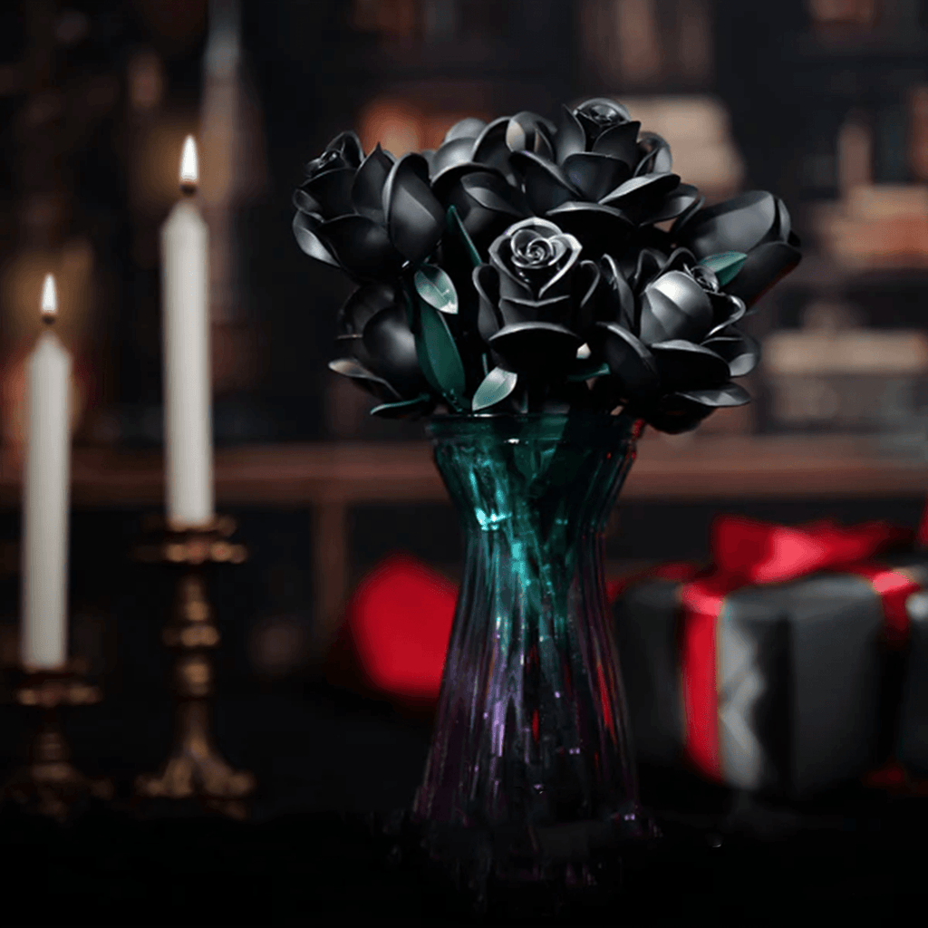 Everlasting black rose building blocks with three LED lights, a glowing floral centerpiece for gothic room decor, 3 rose and 12 rose sizes