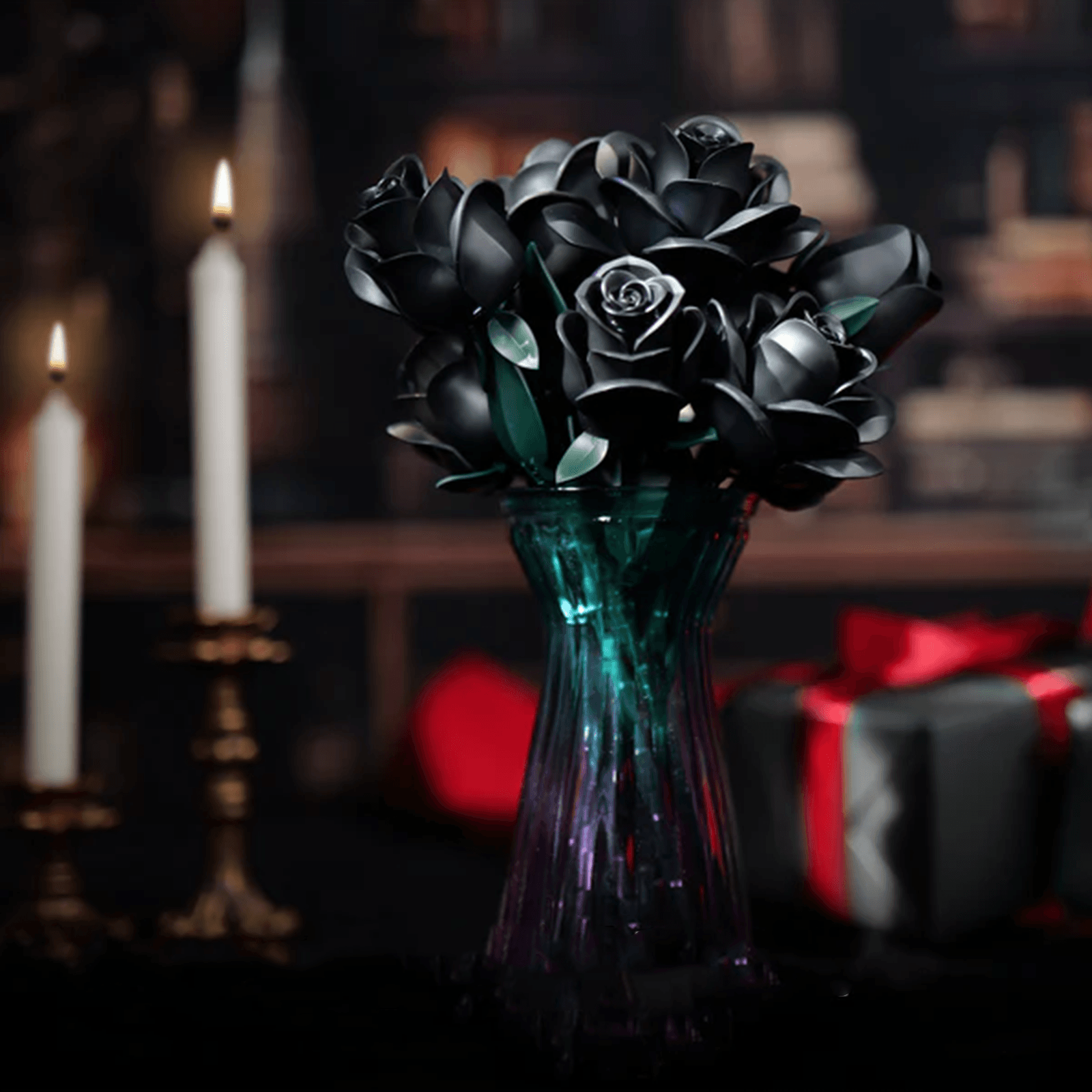 Everlasting black rose building blocks with three LED lights, a glowing floral centerpiece for gothic room decor, 3 rose and 12 rose sizes
