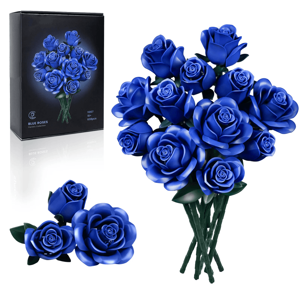Blue rose bouquet building block set that snaps together into a dozen sapphire roses that never wilt in a vase