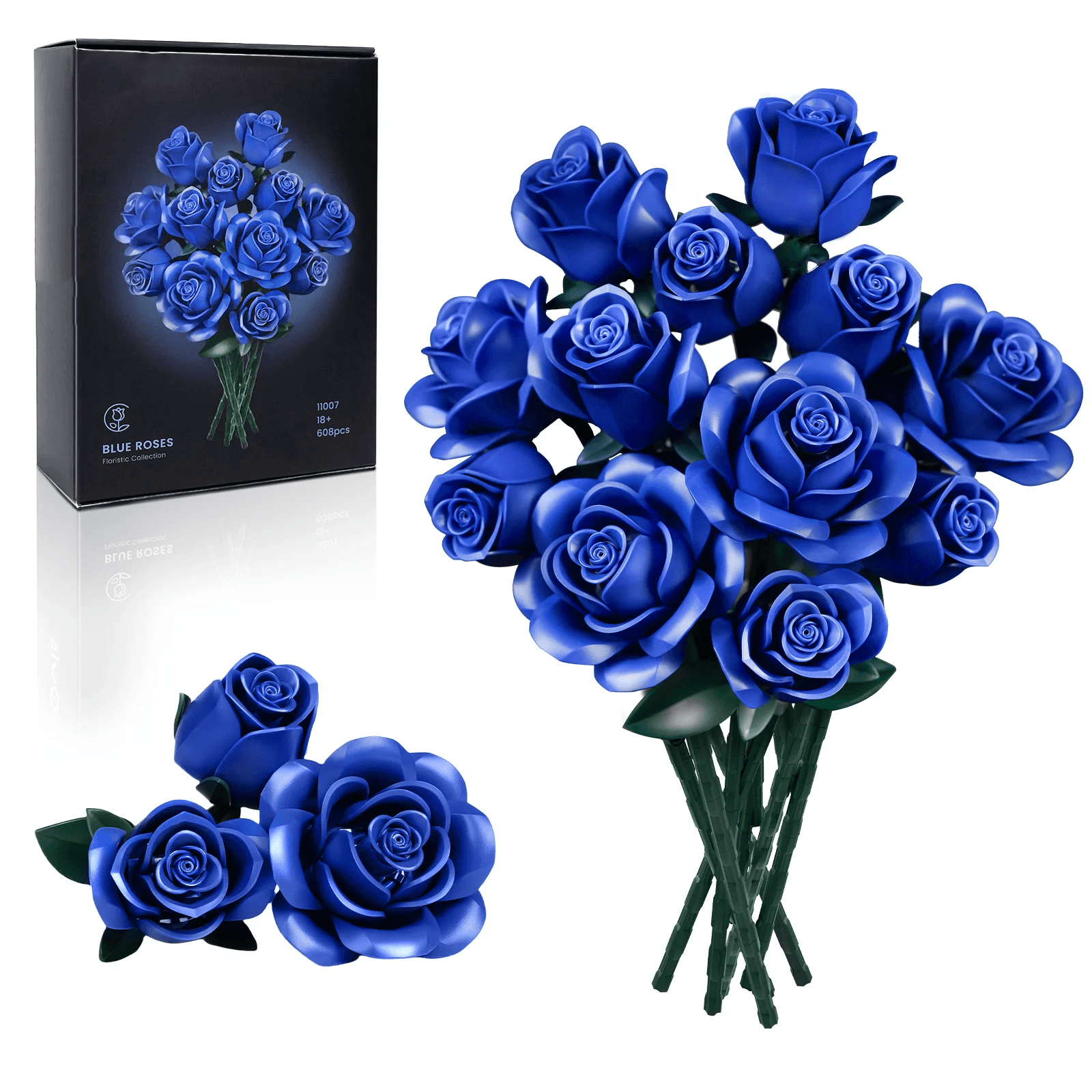 Blue rose bouquet building block set that snaps together into a dozen sapphire roses that never wilt in a vase