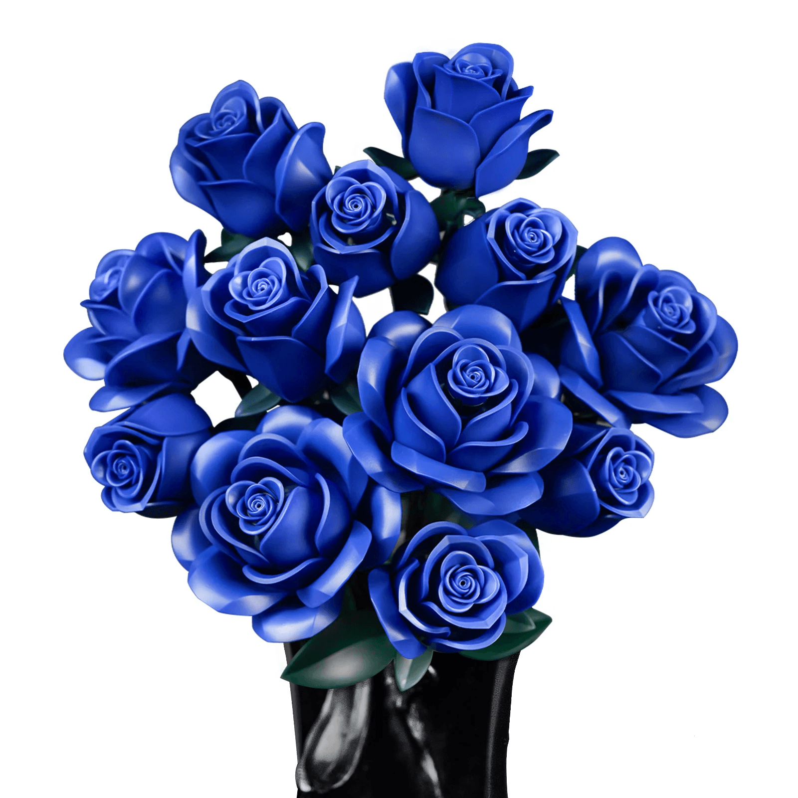 Buildable brick rose kit of 396 pieces that assembles twelve deep sapphire blue roses with green leaves and stems