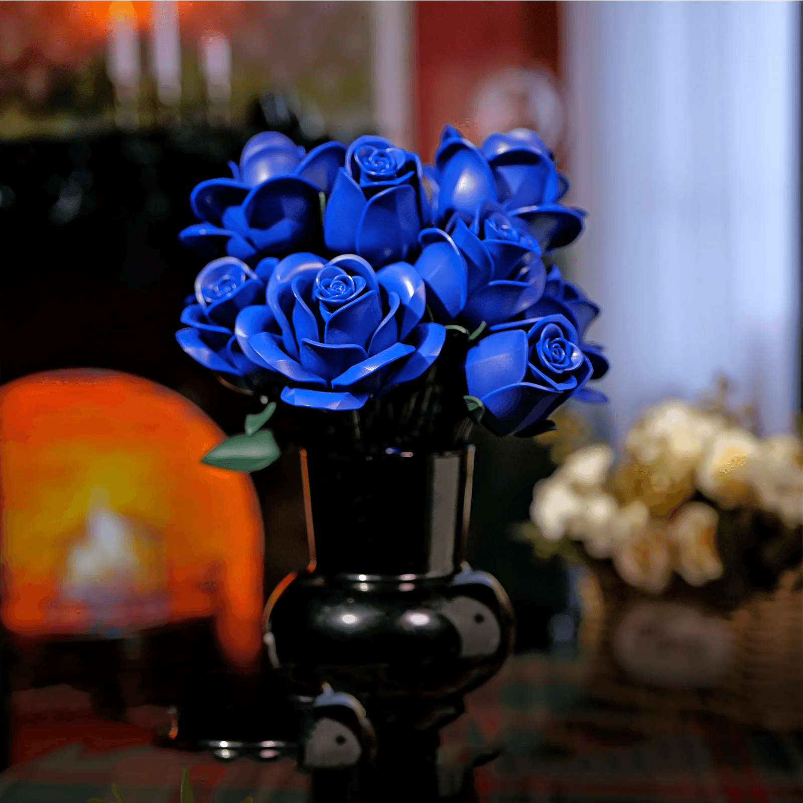 Twelve blue roses on bendable stems you adjust from 7 to 15 inches to arrange a lasting centerpiece for any vase