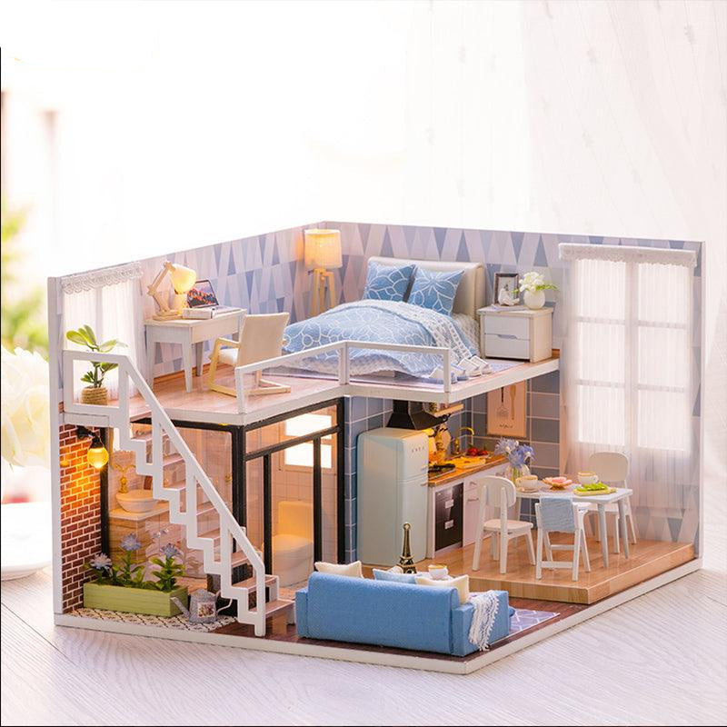 Blue two-story miniature dollhouse kit at 1:24 scale with LED lights and a music box, a furnished loft build for adults