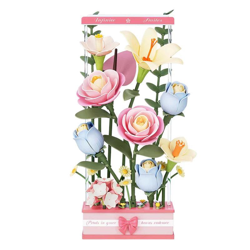 Motorized blooming flower bouquet puzzle with LED and fiber optic lighting, an artificial flower kit and home decor centerpiece