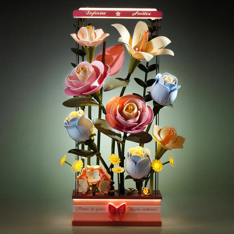 LED and fiber optic flower bouquet glowing as a night light, a motorized blooming puzzle and ambient home decor centerpiece