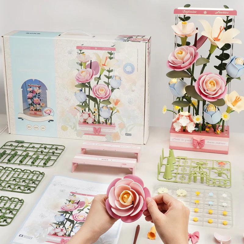 DIY flower building kit with component trays and blooms, a beginner friendly bouquet puzzle for teens and adult crafters