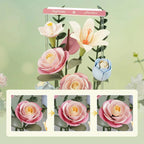 Motorized roses opening in a slow blooming motion, an eight flower bouquet building kit and lasting artificial flower display
