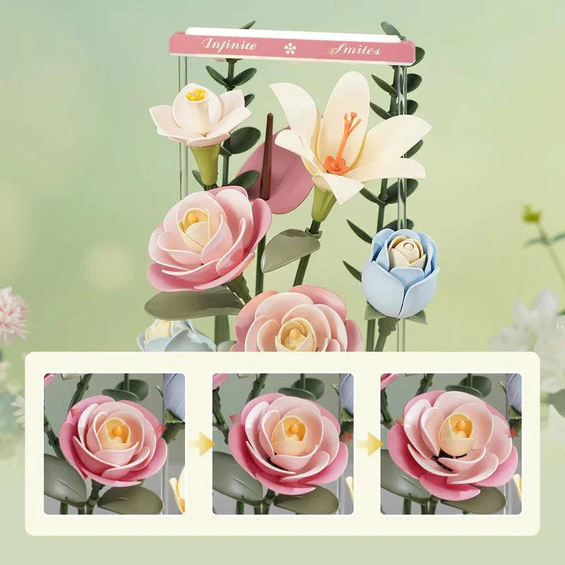 Motorized roses opening in a slow blooming motion, an eight flower bouquet building kit and lasting artificial flower display