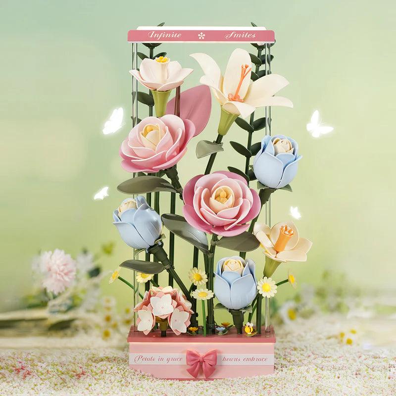 Blooming flower bouquet kit styled as home decor, an LED night light and anniversary or Mother's Day gift for flower lovers