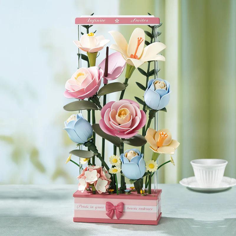 Artificial flower bouquet puzzle on a table setting, a USB powered blooming centerpiece and Valentines or birthday gift idea