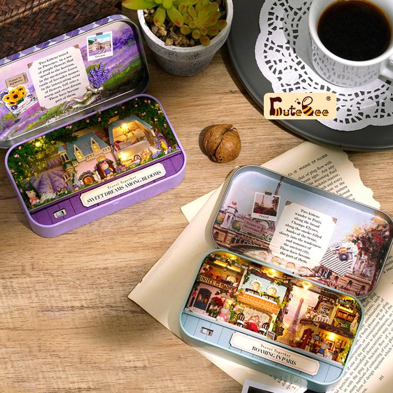 Handmade craft gift box theater dollhouse kits with a Purple lavender garden and a Green Paris cafe tin miniature