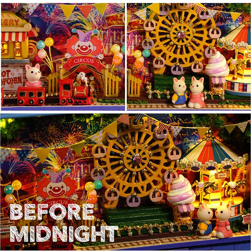 Circus clown and popcorn cart details in a Blue box theater miniature dollhouse kit for adult model building fans