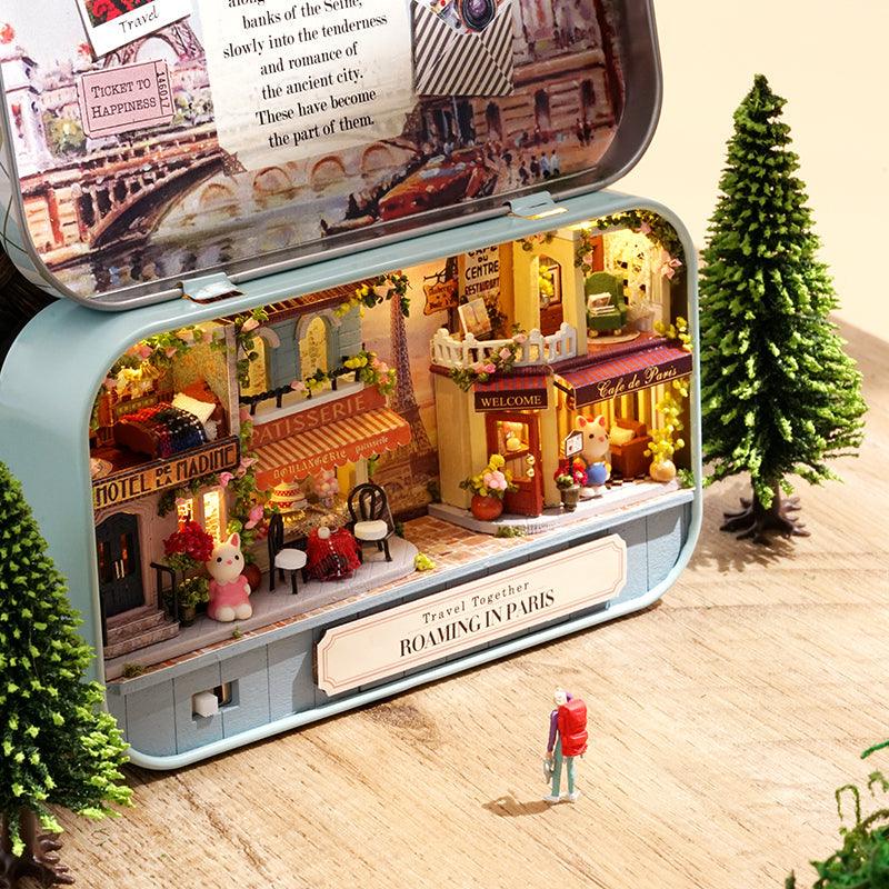 Paris cafe box theater miniature dollhouse kit with a tiny patisserie and warm LED lights inside a Green metal tin