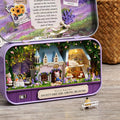 Box theater miniature dollhouse kit with a lavender garden cottage and warm LED lights inside a Purple metal tin